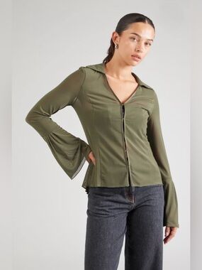 Olive Green Button-Front Long Sleeve Blouse with Flared Cuffs